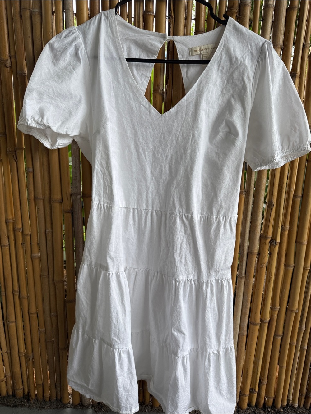 Monteau White Tiered V-Neck Puff Sleeve Dress